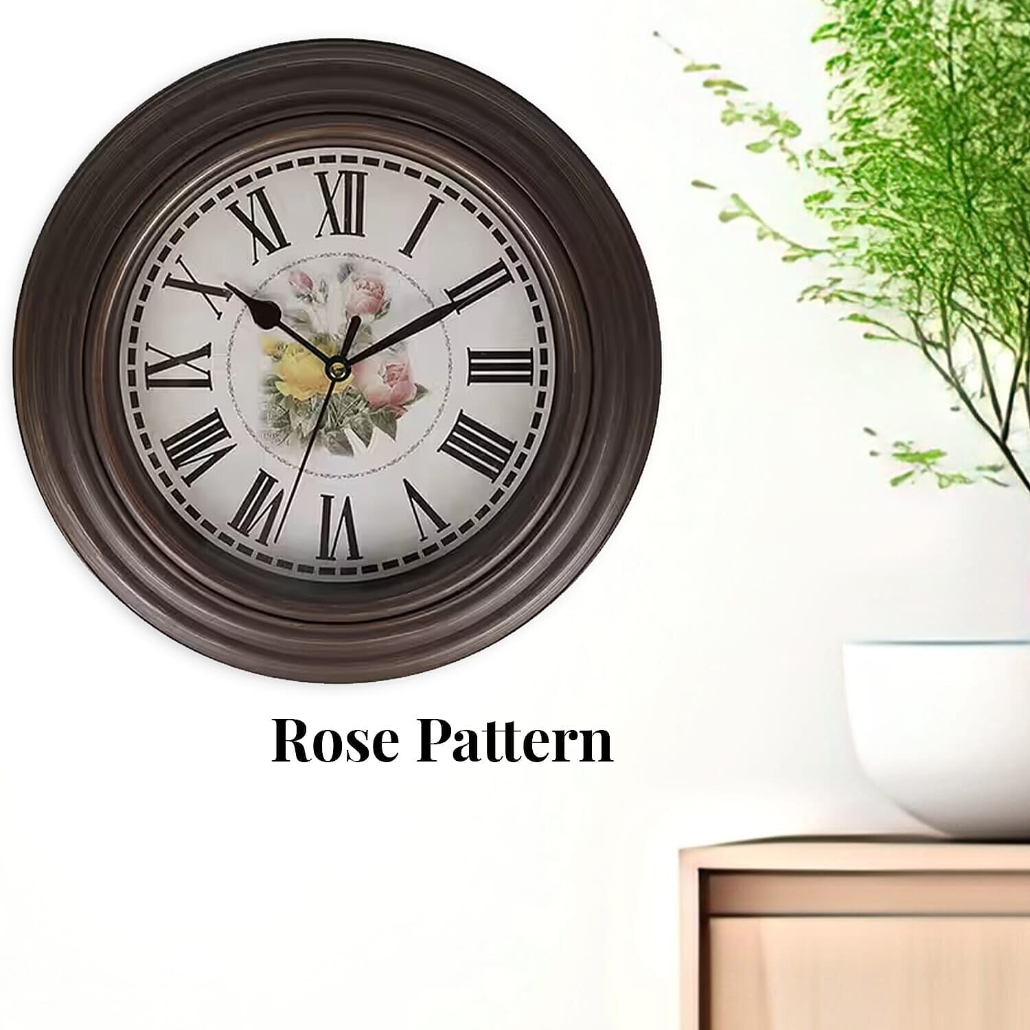 Set of 2 - Analog Floral Theme Rose Wall Clock - Brown