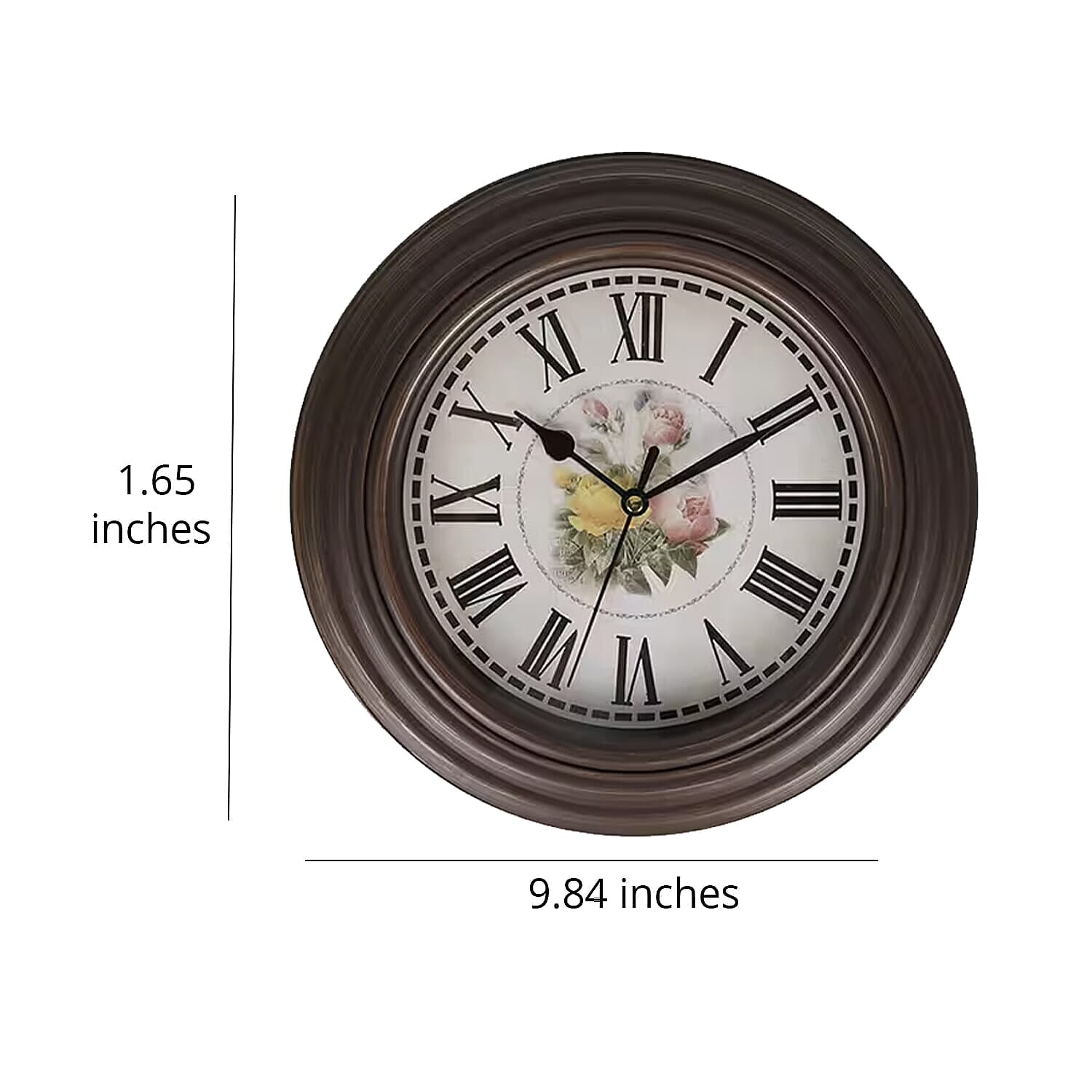 Set of 2 - Analog Floral Theme Rose Wall Clock - Brown