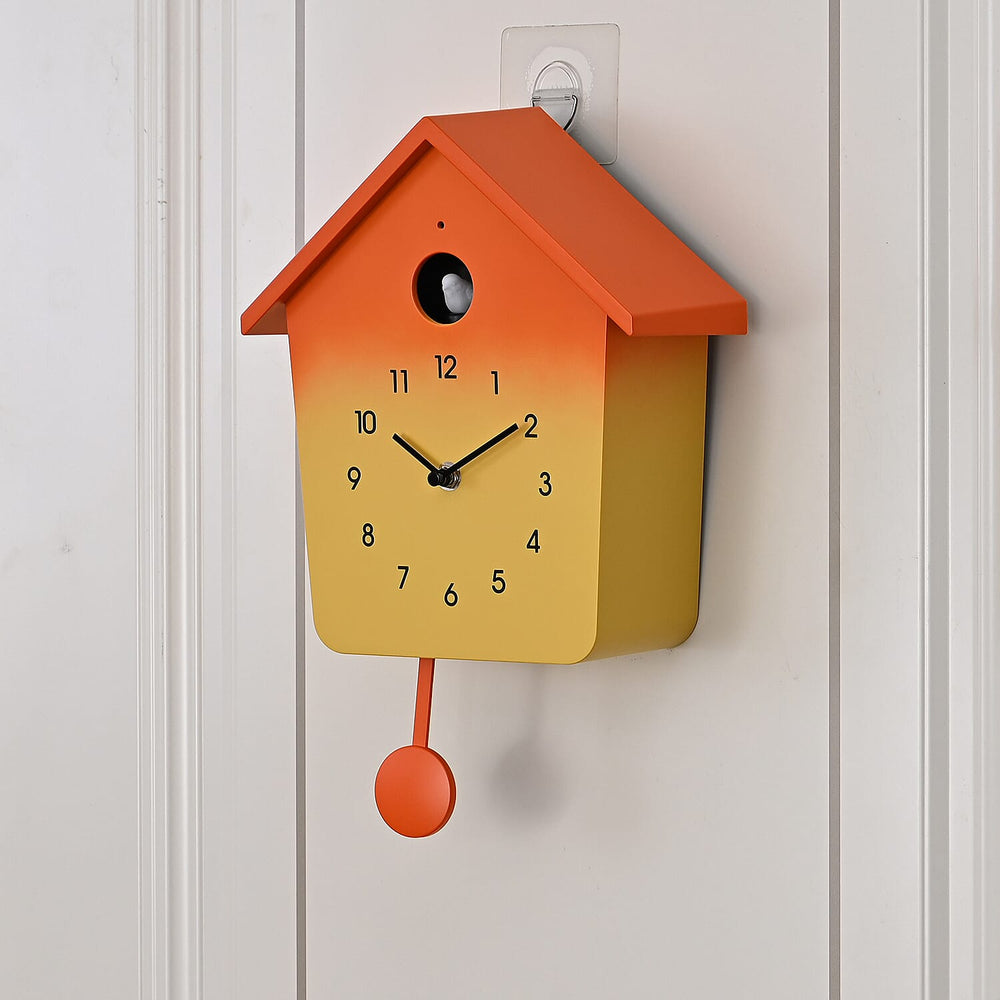 Modern Cuckoo Wall Clock with Pendulum Powered by 3 x AA Batteries (Not Incl.) - Singing Bird with Automatic Night-Time Silent Mode - Orange