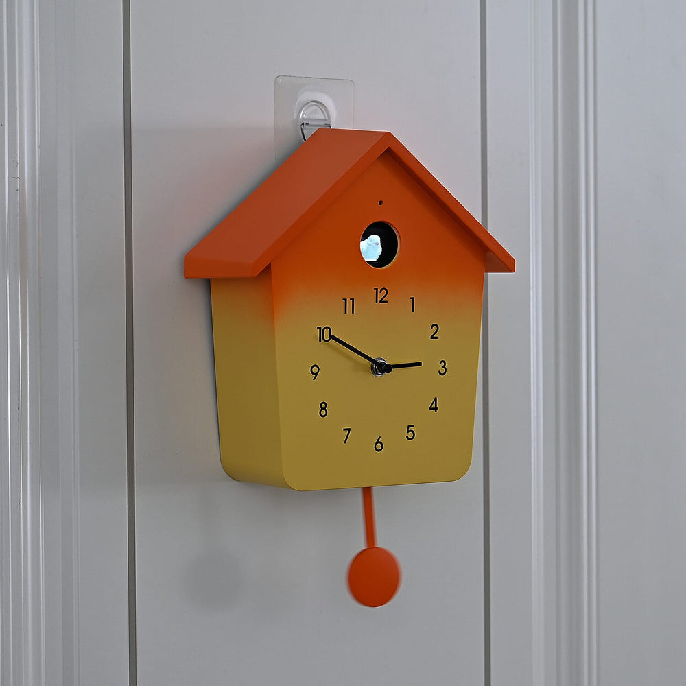 Modern Cuckoo Wall Clock with Pendulum Powered by 3 x AA Batteries (Not Incl.) - Singing Bird with Automatic Night-Time Silent Mode - Orange