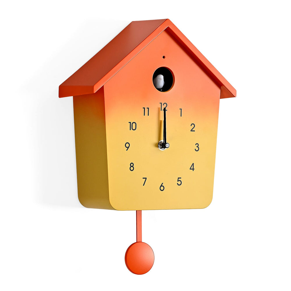 Modern Cuckoo Wall Clock with Pendulum Powered by 3 x AA Batteries (Not Incl.) - Singing Bird with Automatic Night-Time Silent Mode - Orange
