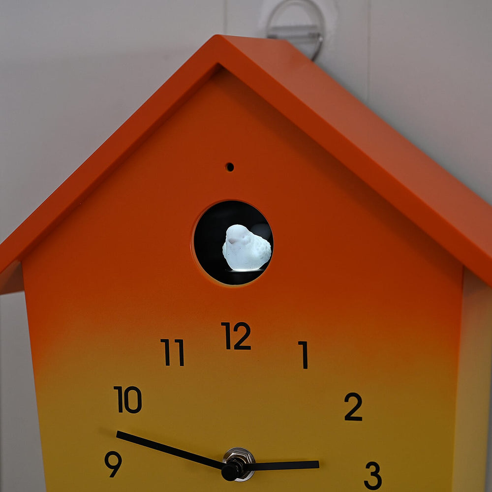 Modern Cuckoo Wall Clock with Pendulum Powered by 3 x AA Batteries (Not Incl.) - Singing Bird with Automatic Night-Time Silent Mode - Orange