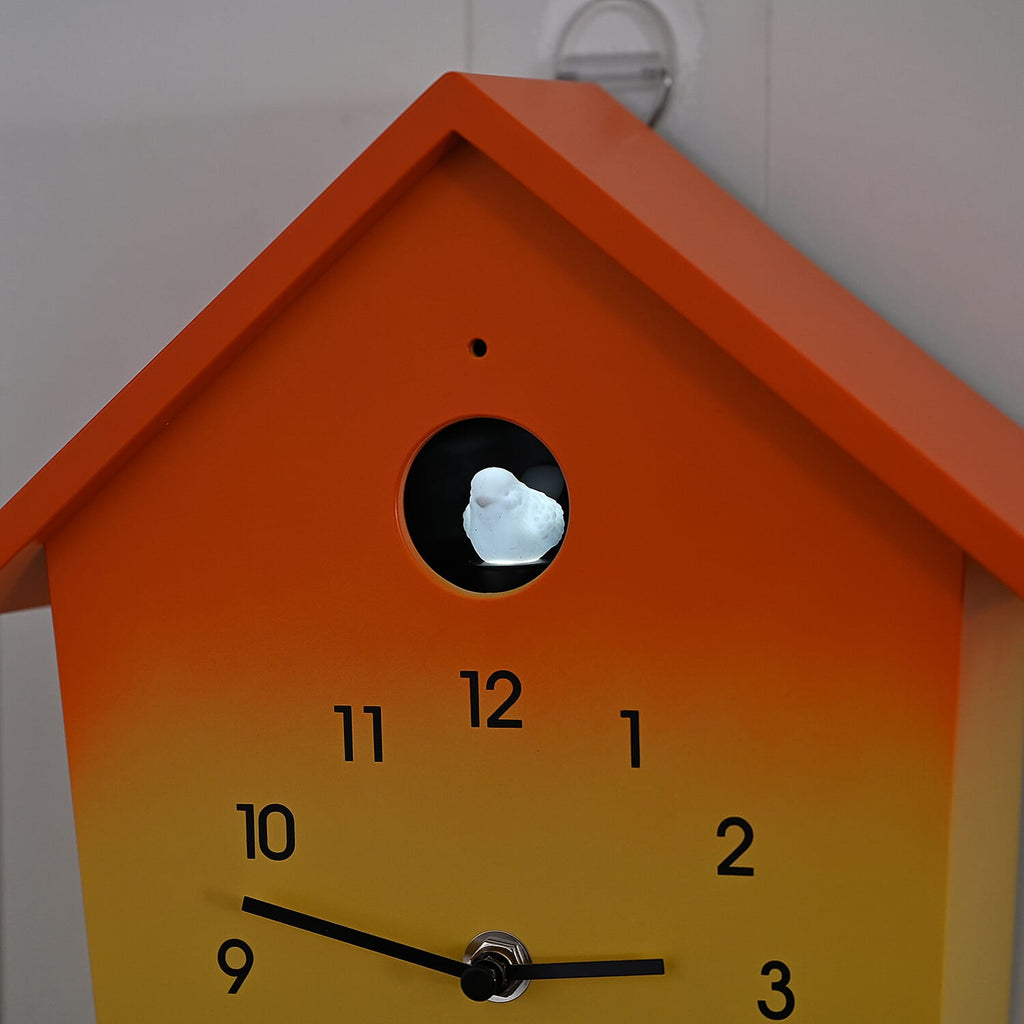 Modern Cuckoo Wall Clock with Pendulum Powered by 3 x AA Batteries (Not Incl.) - Singing Bird with Automatic Night-Time Silent Mode - Orange