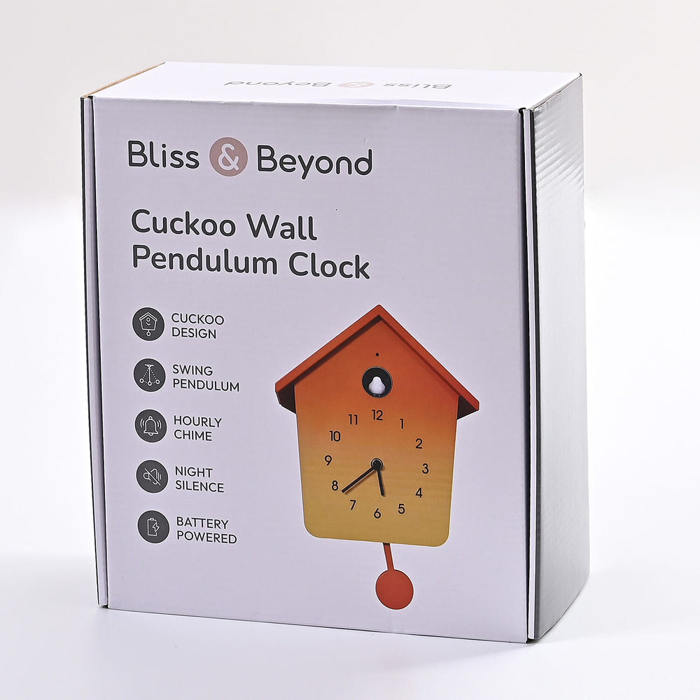 Modern Cuckoo Wall Clock with Pendulum Powered by 3 x AA Batteries (Not Incl.) - Singing Bird with Automatic Night-Time Silent Mode - Orange