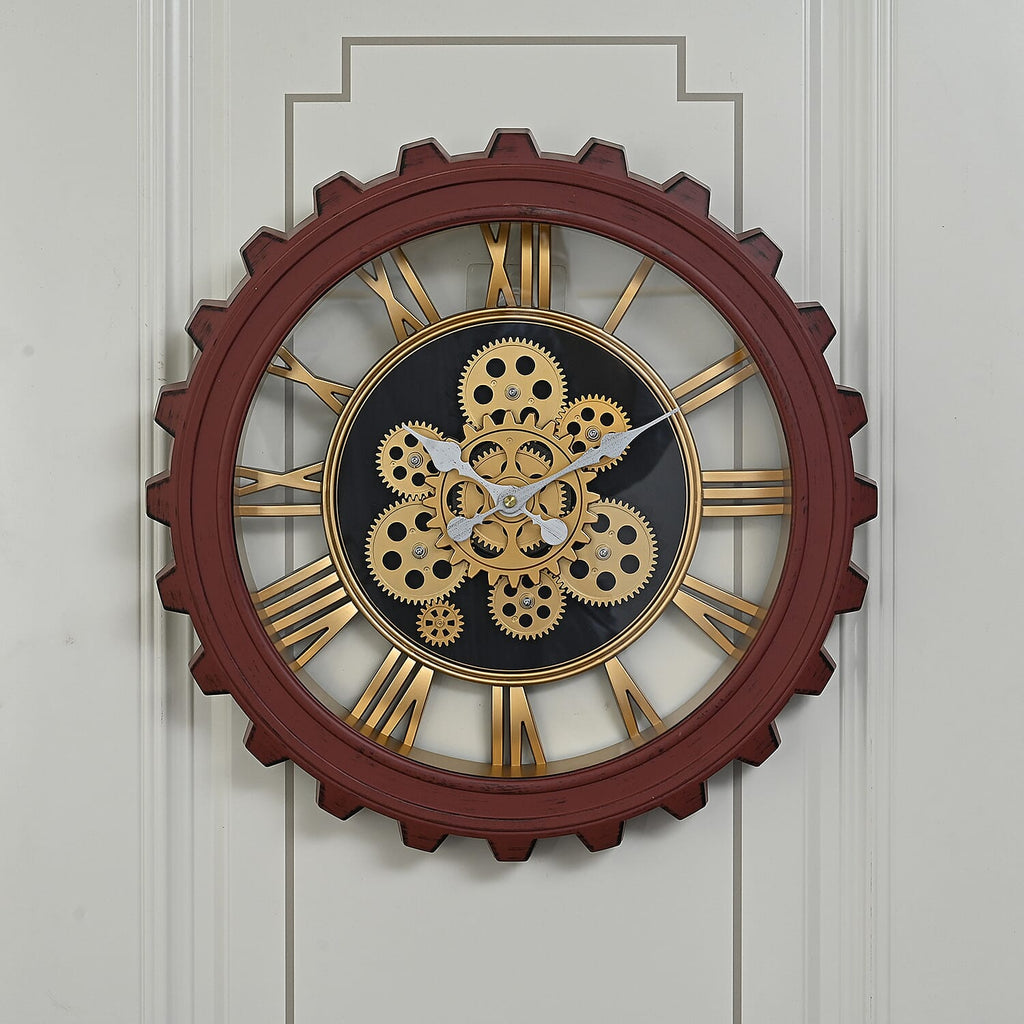 Rotating Gear Wall Clock Powered by 3 x AA Batteries (Not Included) - Red 50cm Diameter