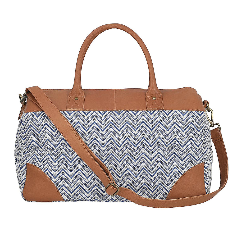 Genuine Leather Handmade Jacquard Holdall Luggage Bag - Tan