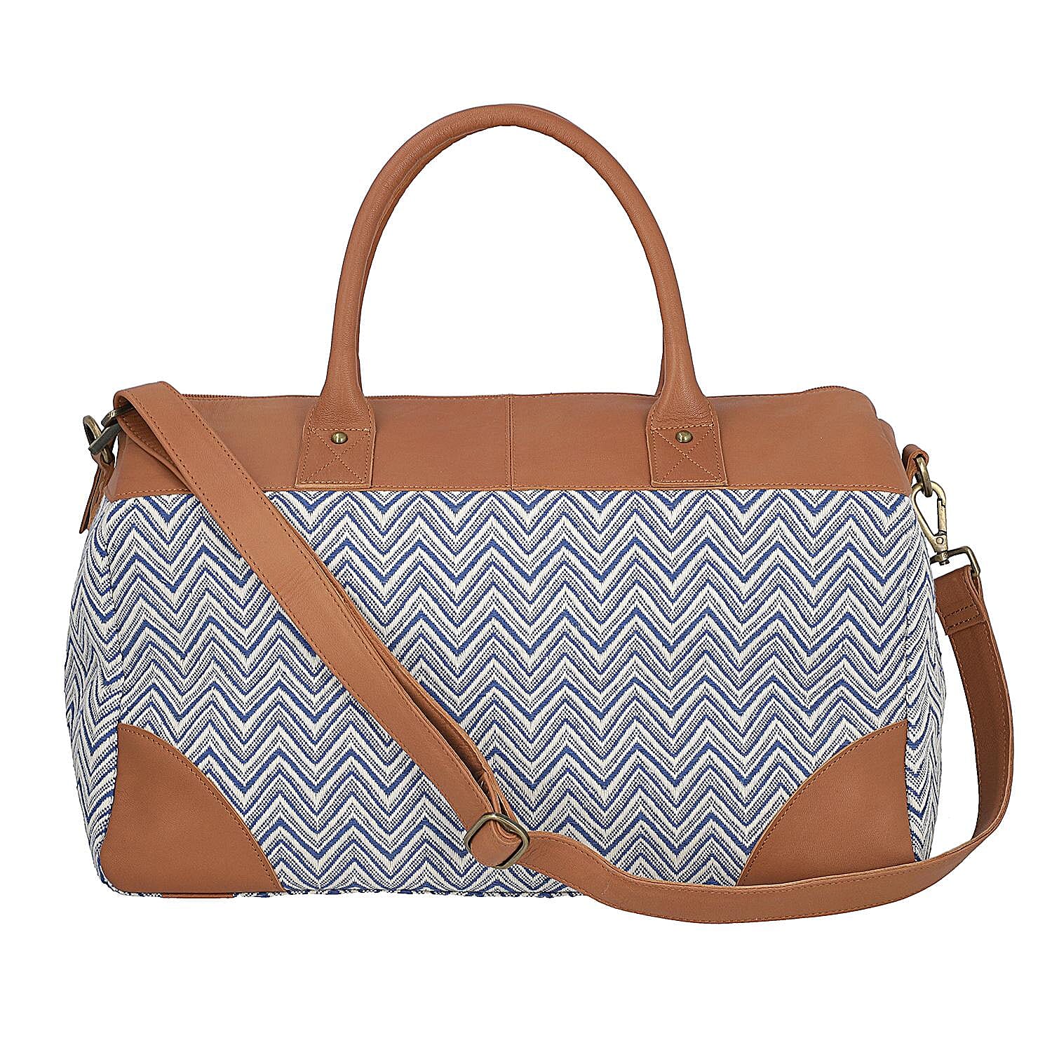 Genuine Leather Handmade Jacquard Holdall Luggage Bag - Tan