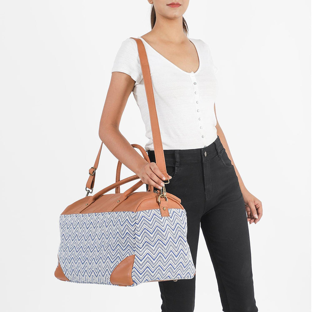 Genuine Leather Handmade Jacquard Holdall Luggage Bag - Tan