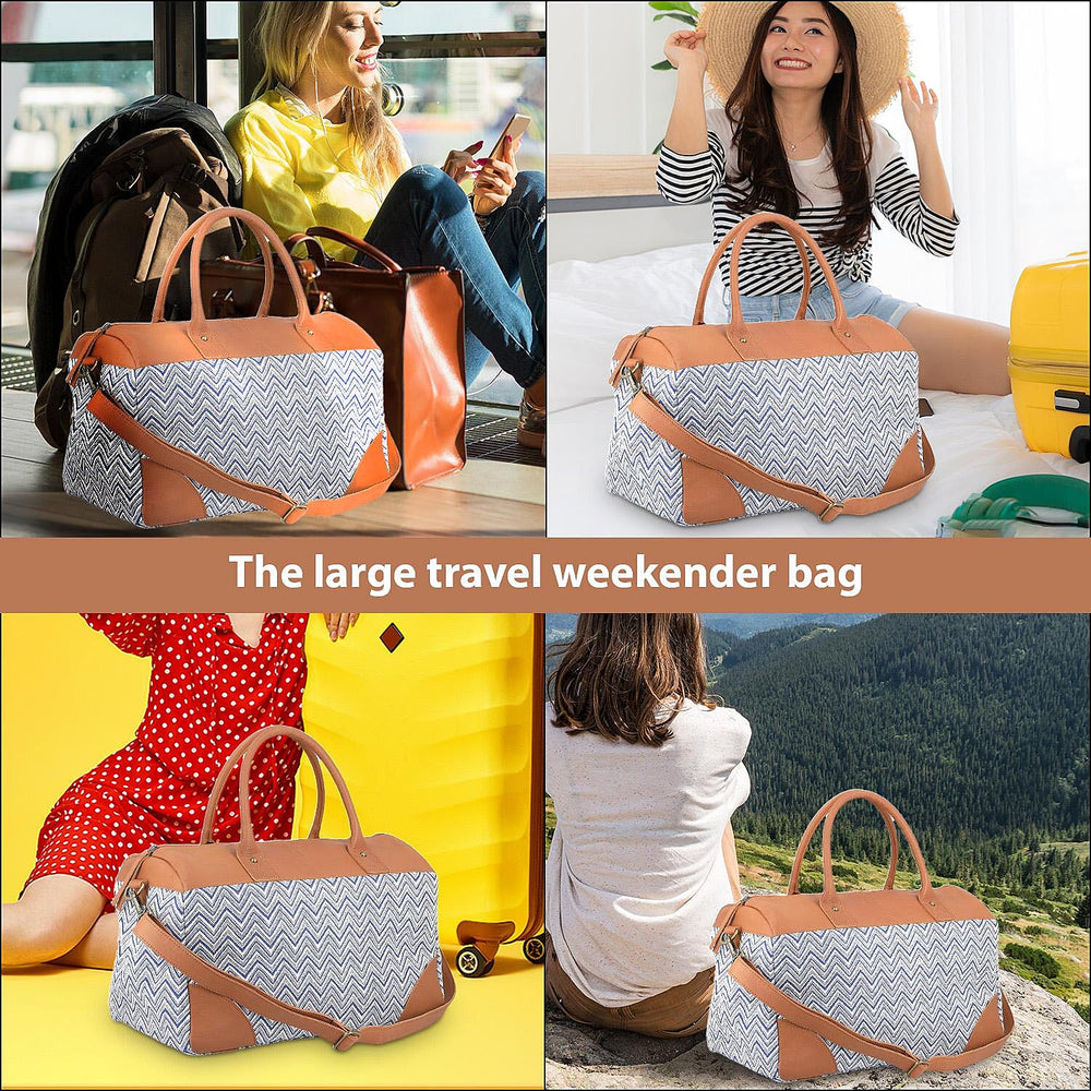Genuine Leather Handmade Jacquard Holdall Luggage Bag - Tan