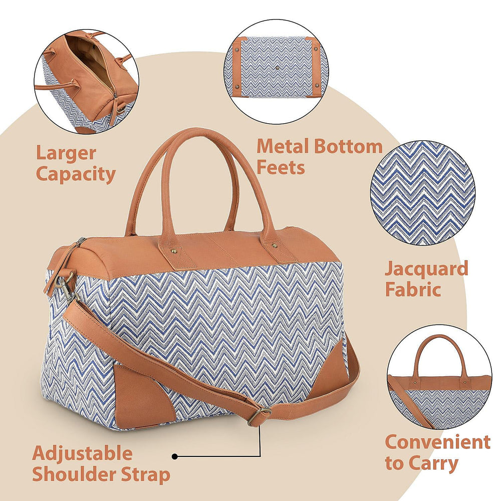 Genuine Leather Handmade Jacquard Holdall Luggage Bag - Tan