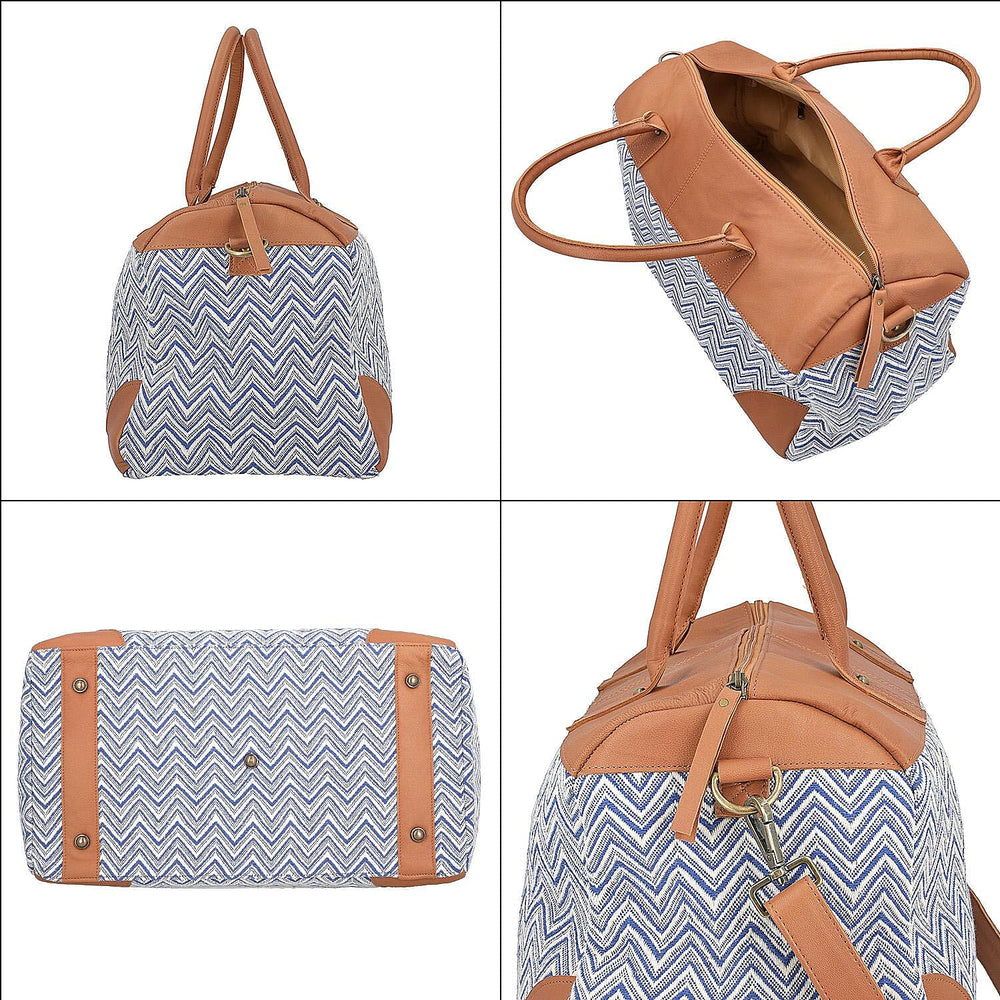 Genuine Leather Handmade Jacquard Holdall Luggage Bag - Tan