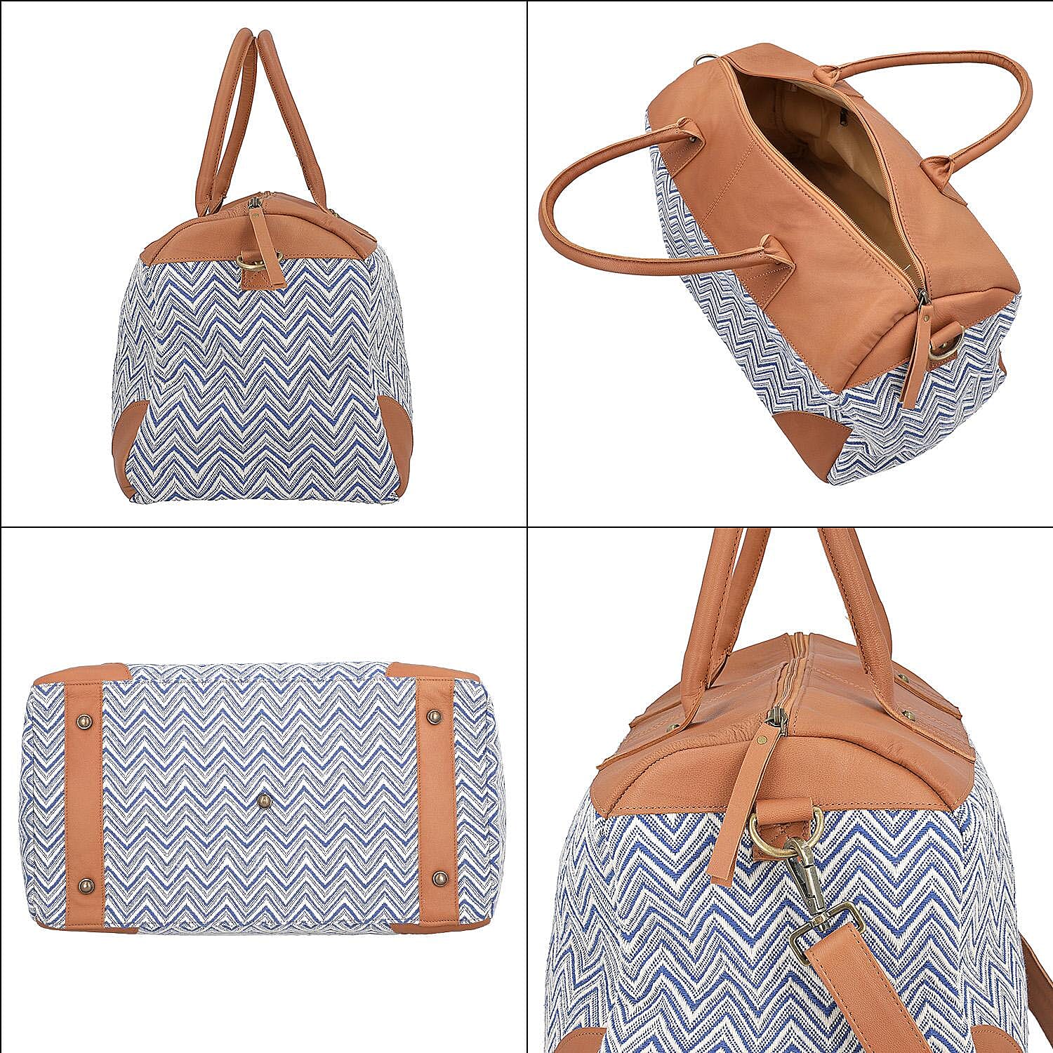 Genuine Leather Handmade Jacquard Holdall Luggage Bag - Tan