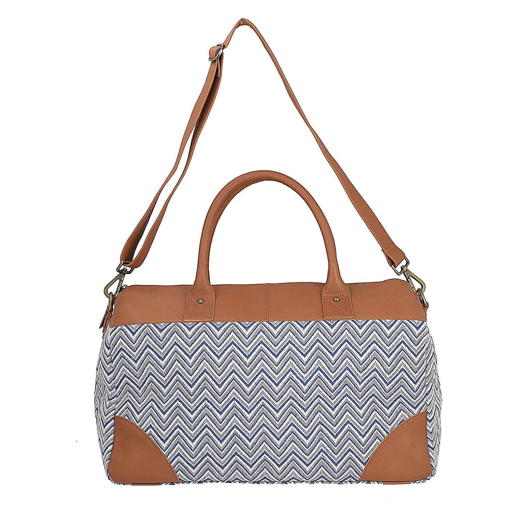 Genuine Leather Handmade Jacquard Holdall Luggage Bag - Tan