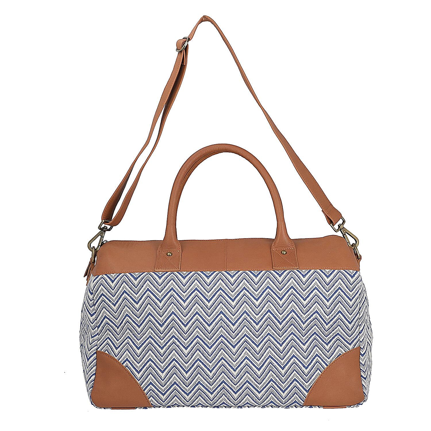 Genuine Leather Handmade Jacquard Holdall Luggage Bag - Tan