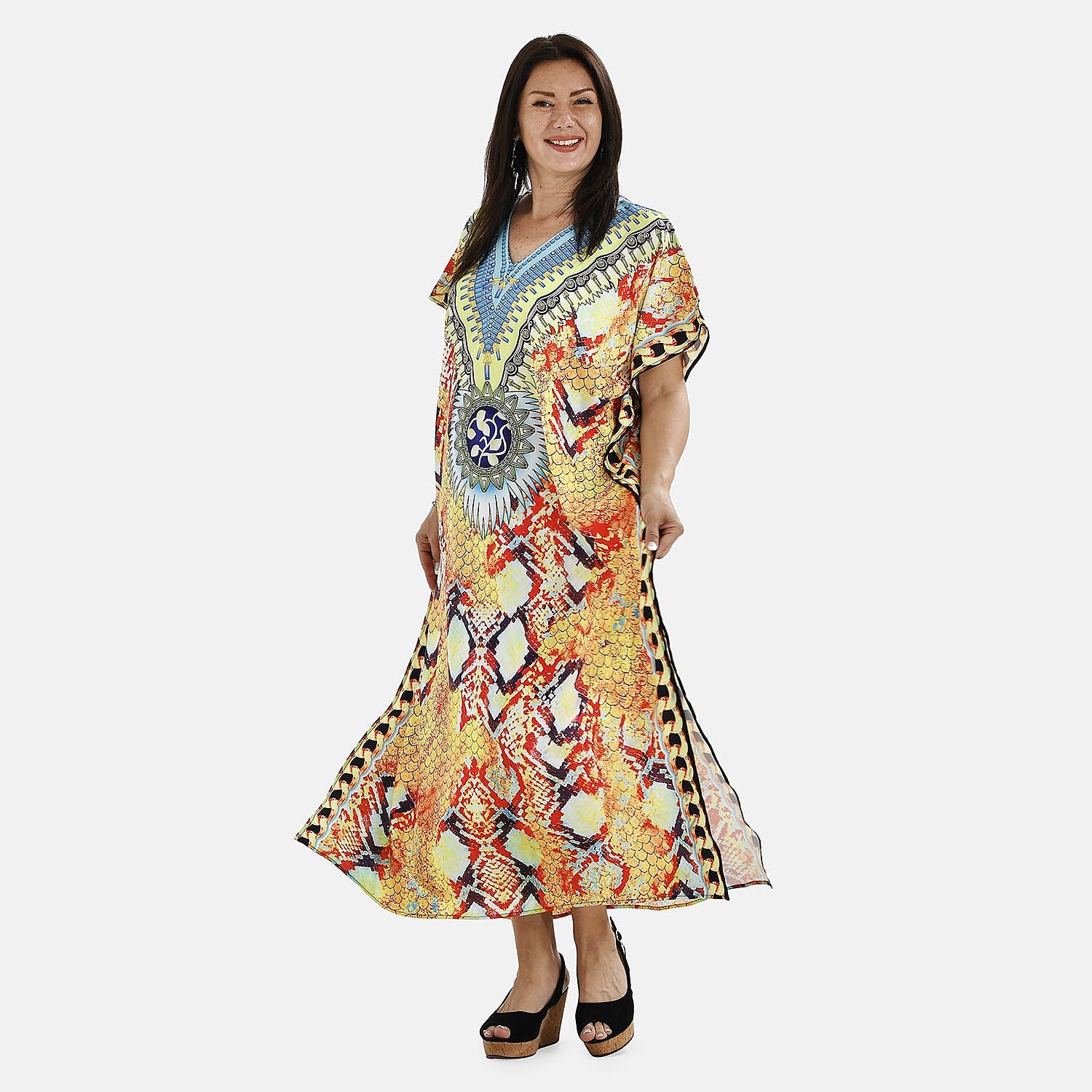 Close Out Summer Printed Kaftan Dress (One Size up to 18) - Yellow