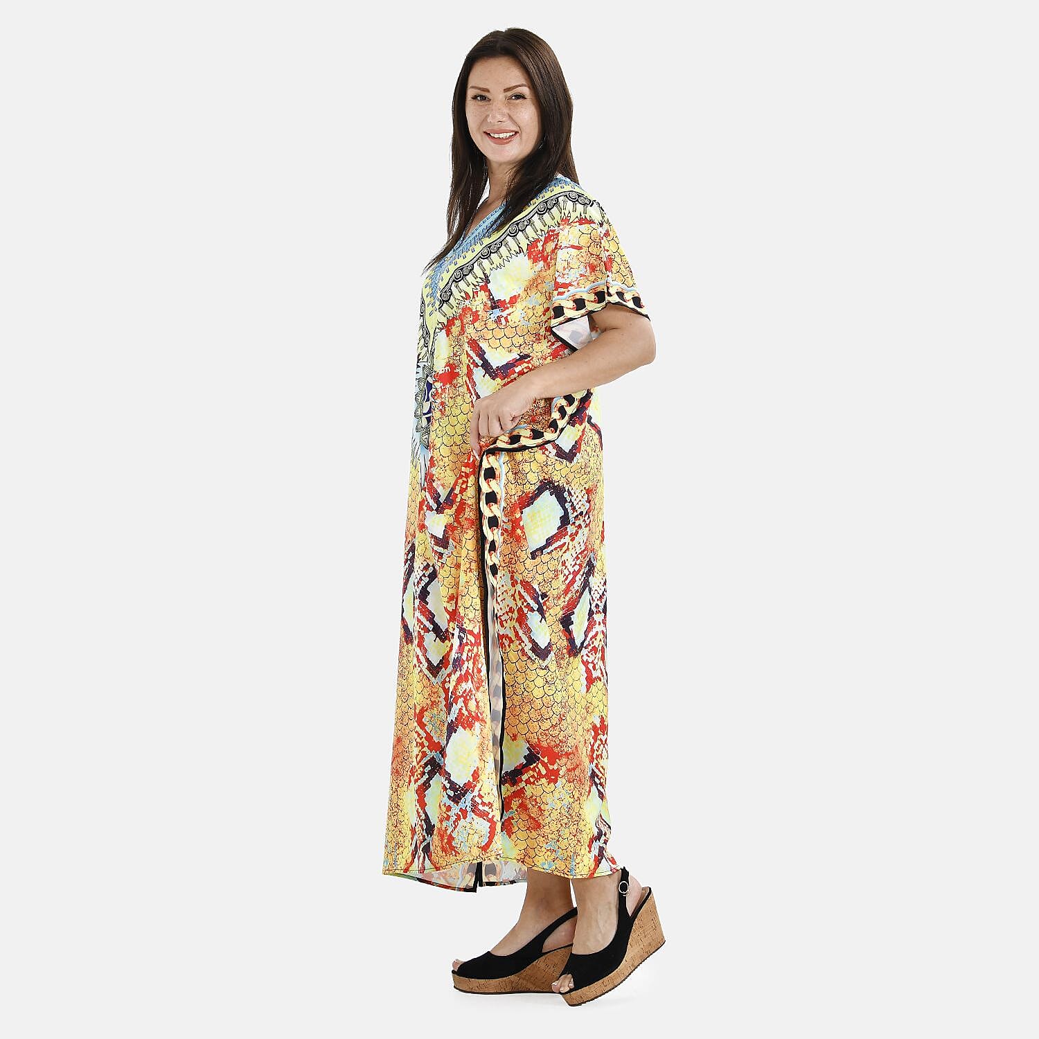 Close Out Summer Printed Kaftan Dress (One Size up to 18) - Yellow