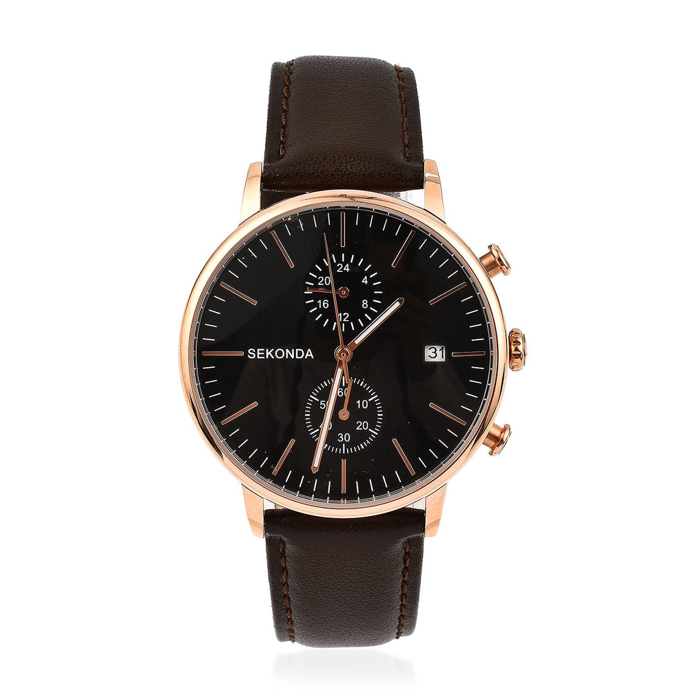 Close out Deal - Sekonda Black Chronograph Dial Watch with Leather Belt
