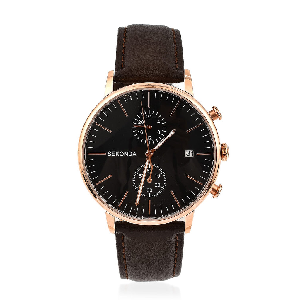Close out Deal - Sekonda Black Chronograph Dial Watch with Leather Belt