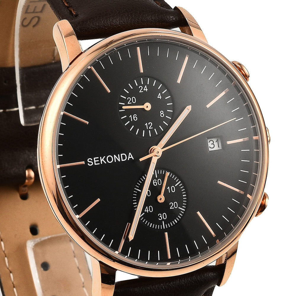 Close out Deal - Sekonda Black Chronograph Dial Watch with Leather Belt
