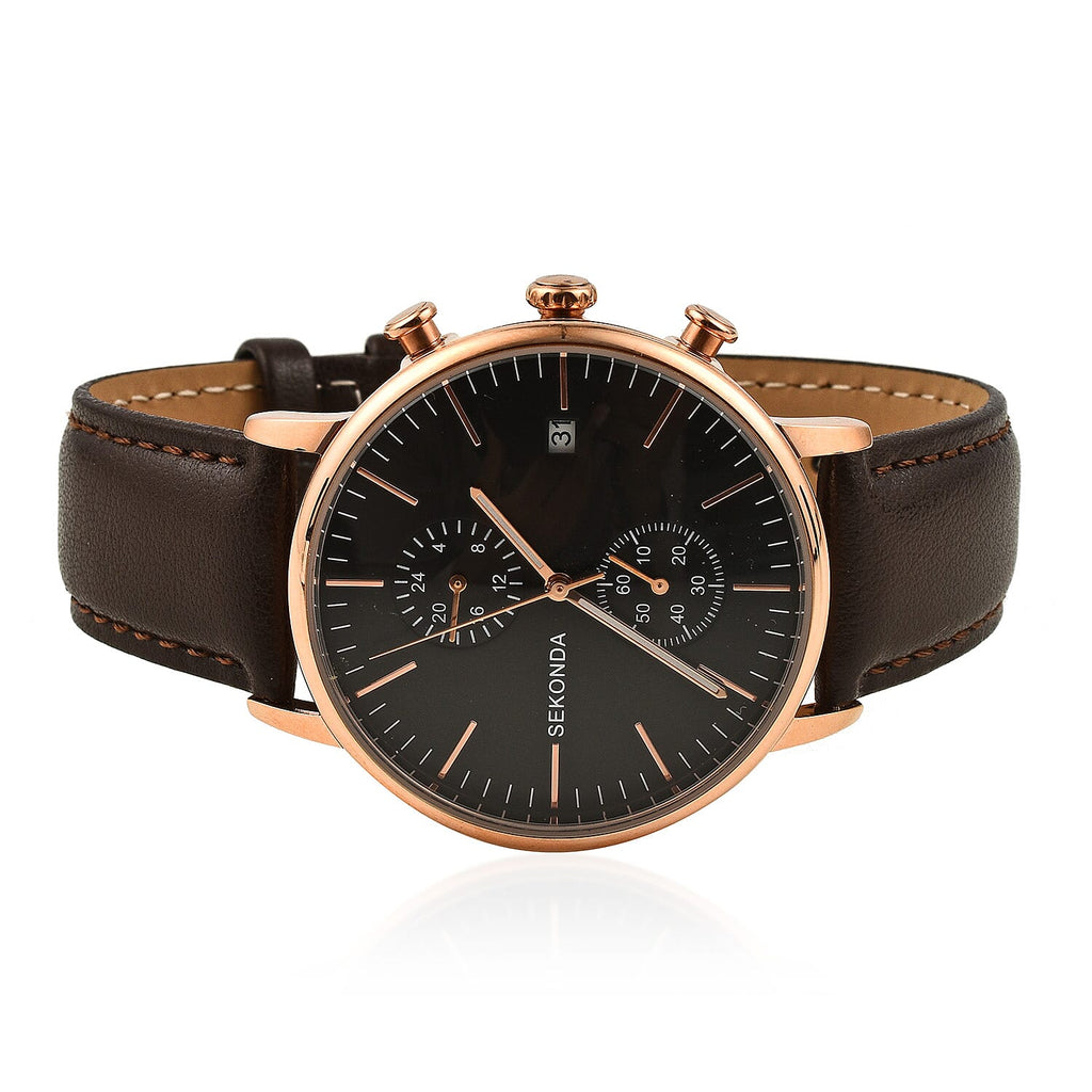 Close out Deal - Sekonda Black Chronograph Dial Watch with Leather Belt