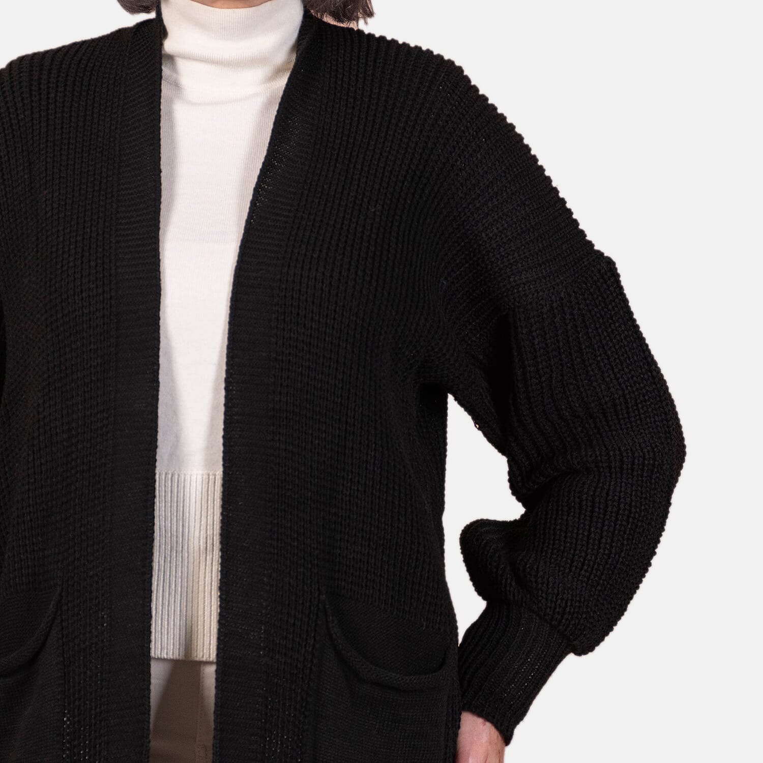 Closeout - Balloon Sleeve Long Cardigan (One Size,8 to 18) - Black