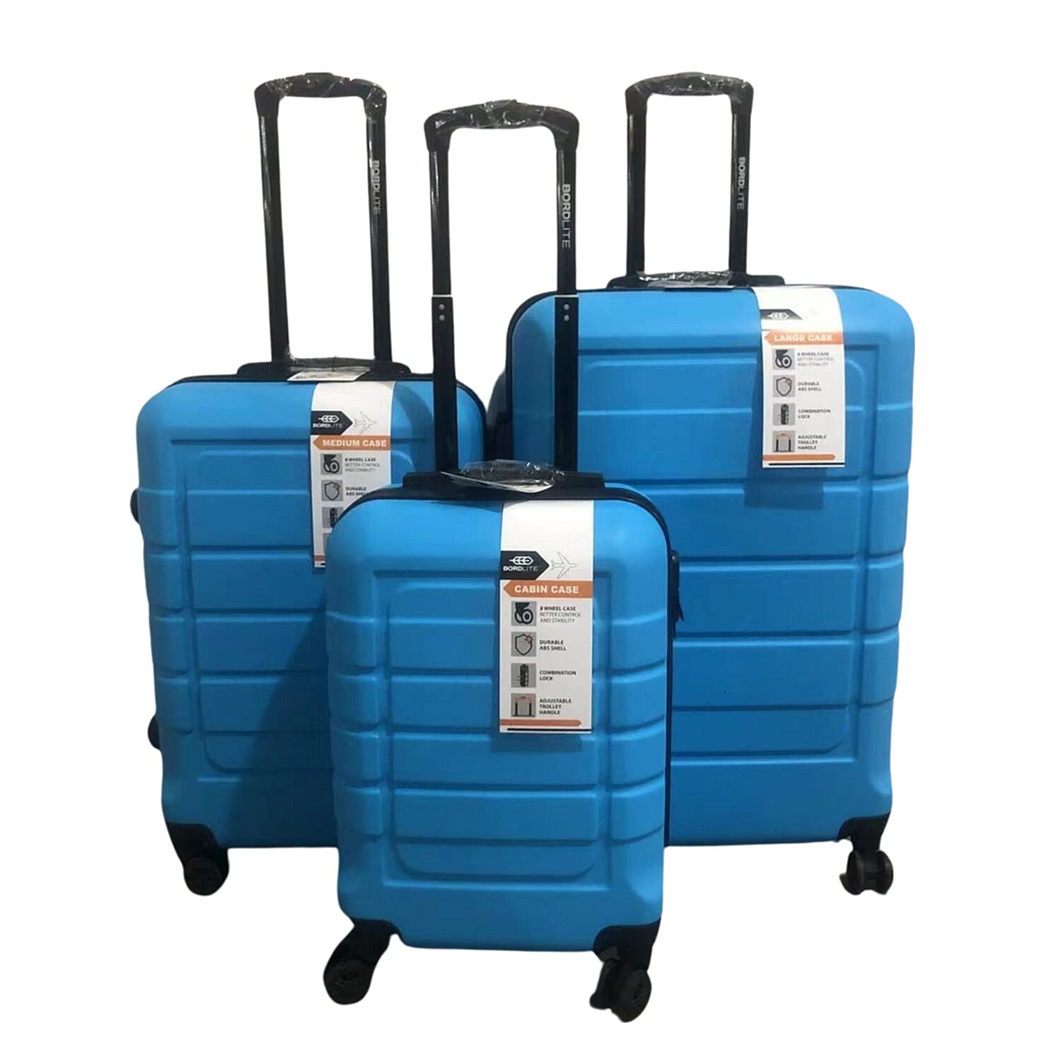 Bordlite Set of 3 - Durable Hard Shell 4 Wheel Suitcases with Soft Grip Handles- Sky Blue