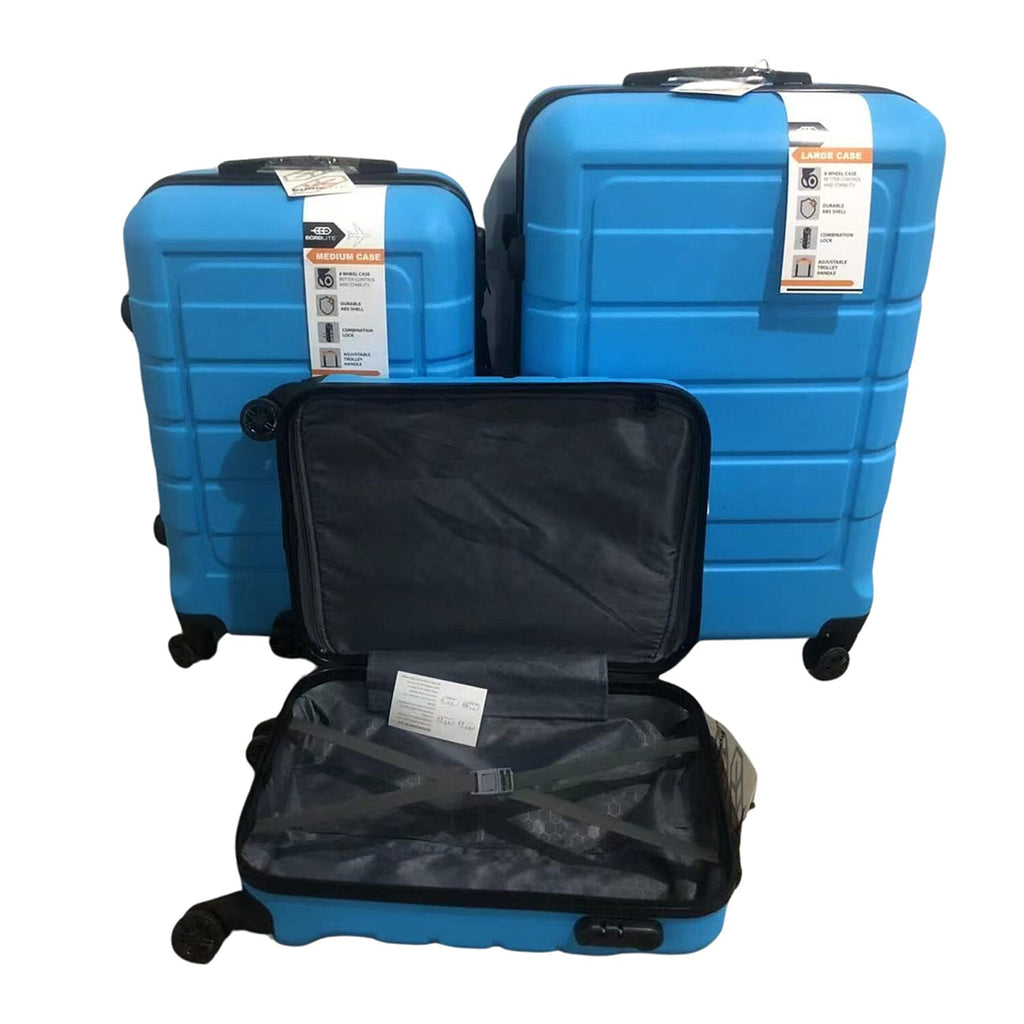 Bordlite Set of 3 - Durable Hard Shell 4 Wheel Suitcases with Soft Grip Handles- Sky Blue