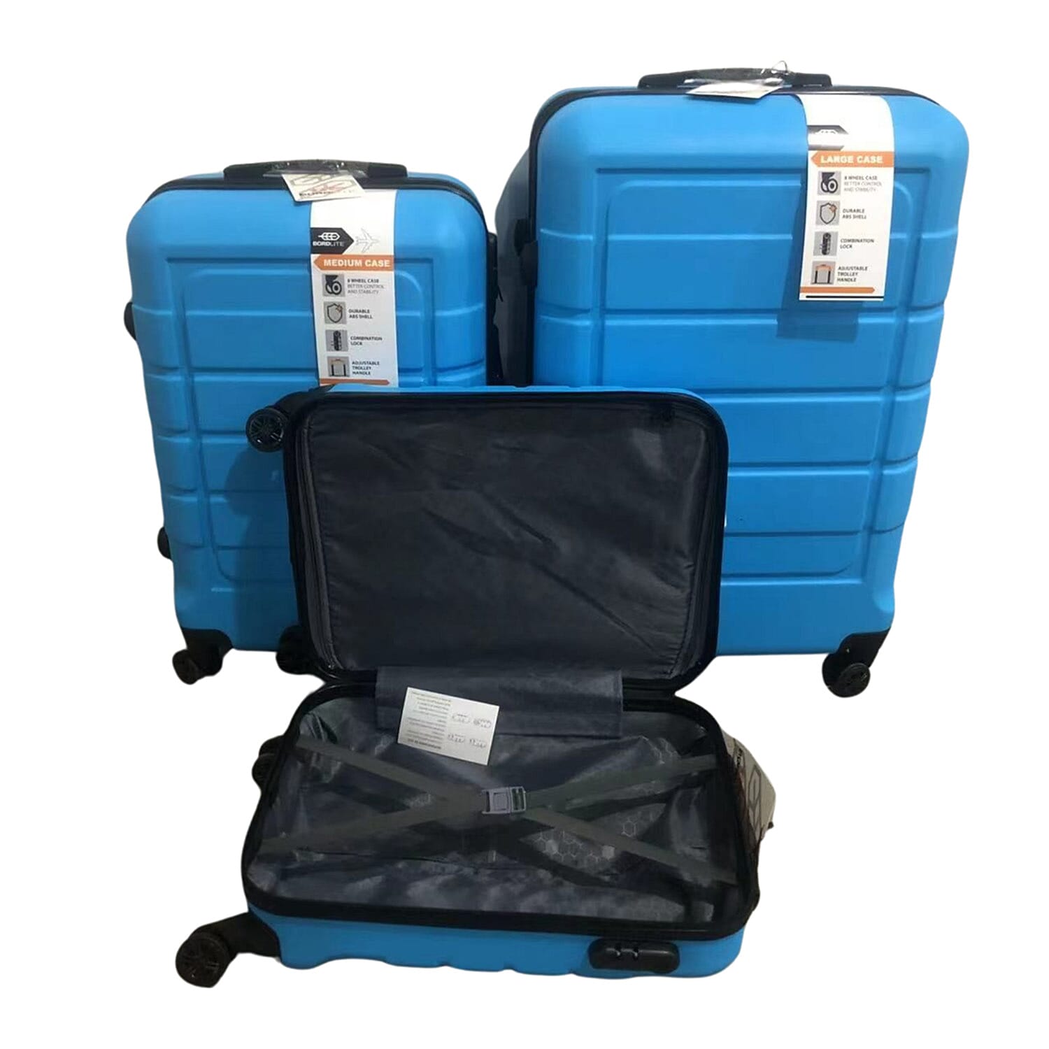 Bordlite Set of 3 - Durable Hard Shell 4 Wheel Suitcases with Soft Grip Handles- Sky Blue