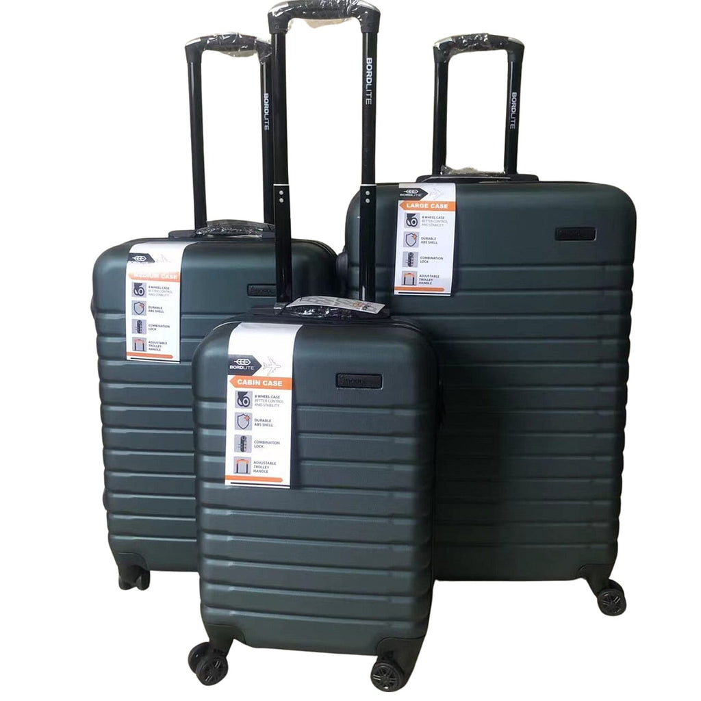 Bordlite Set of 3 - Durable Hard Shell 4 Wheel Suitcases with Soft Grip Handles - Dark Green