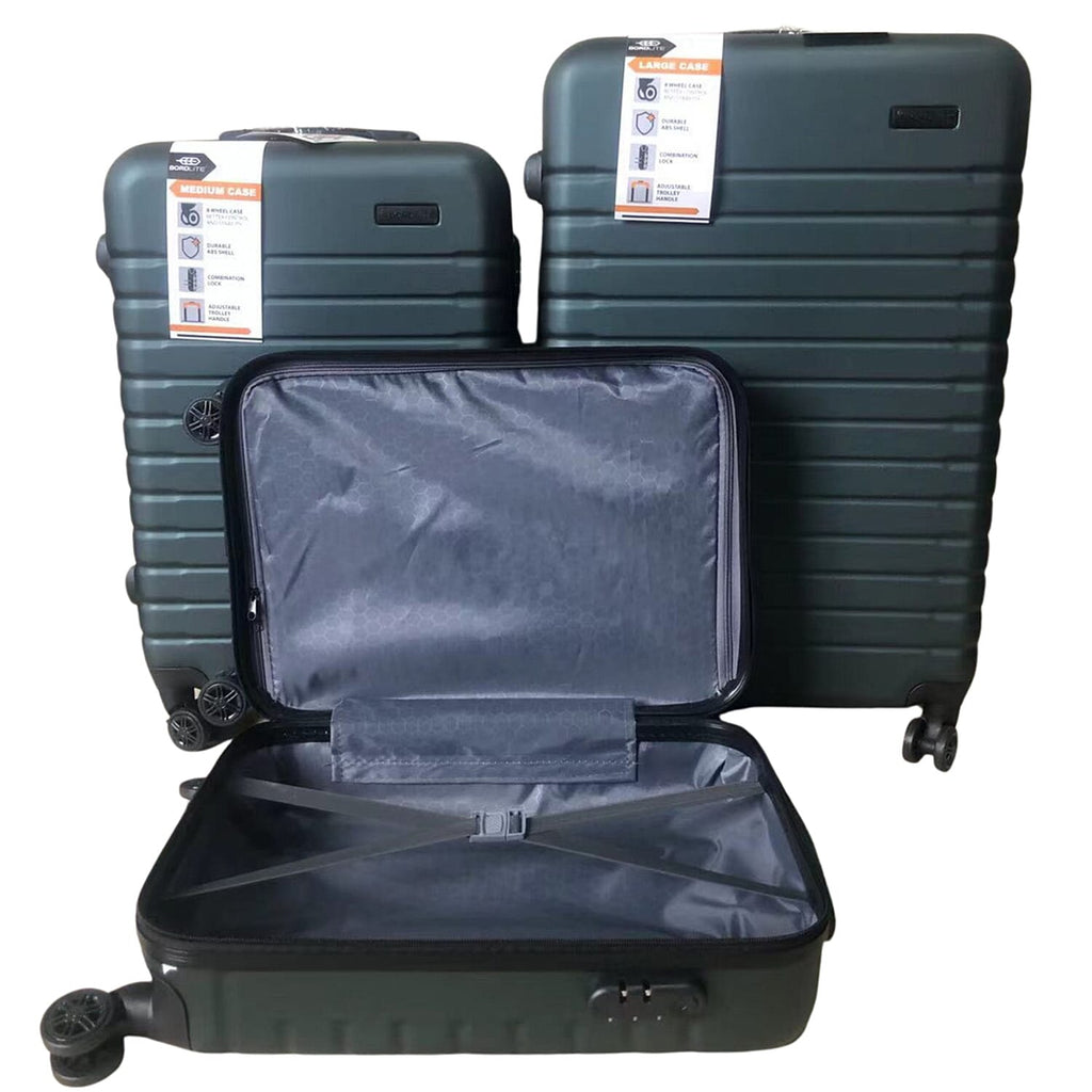 Bordlite Set of 3 - Durable Hard Shell 4 Wheel Suitcases with Soft Grip Handles - Dark Green