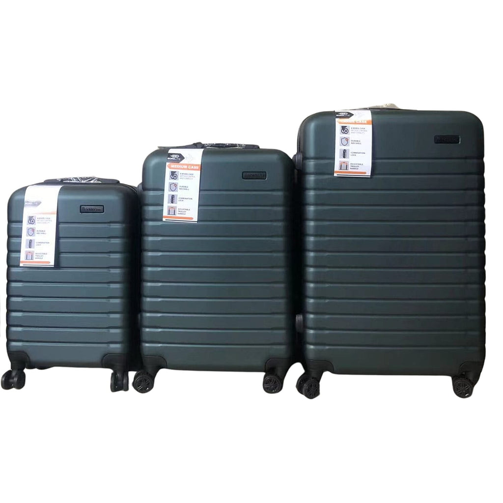 Bordlite Set of 3 - Durable Hard Shell 4 Wheel Suitcases with Soft Grip Handles - Dark Green