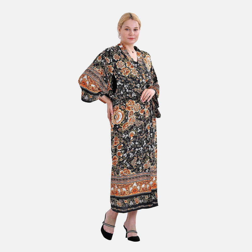 Closeout Deal 100% Viscose Flower Printed Long Kimono (One Size) - Black