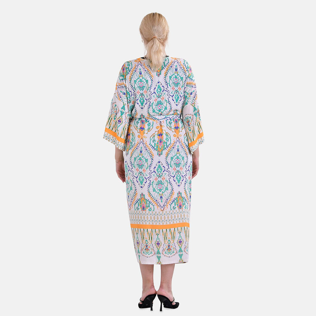 Closeout Deal 100% Viscose Flower Printed Long Kimono (One Size) - White