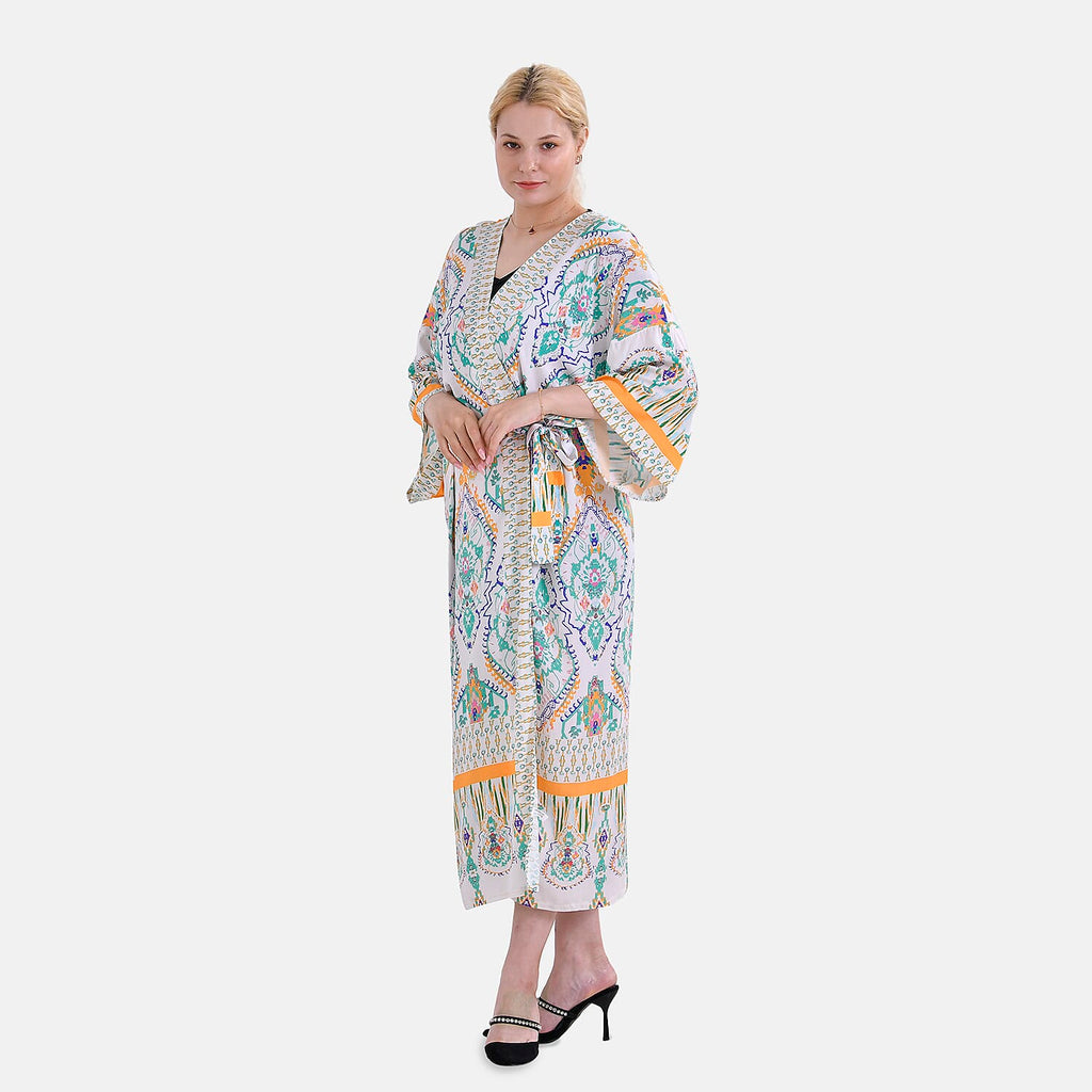 Closeout Deal 100% Viscose Flower Printed Long Kimono (One Size) - White