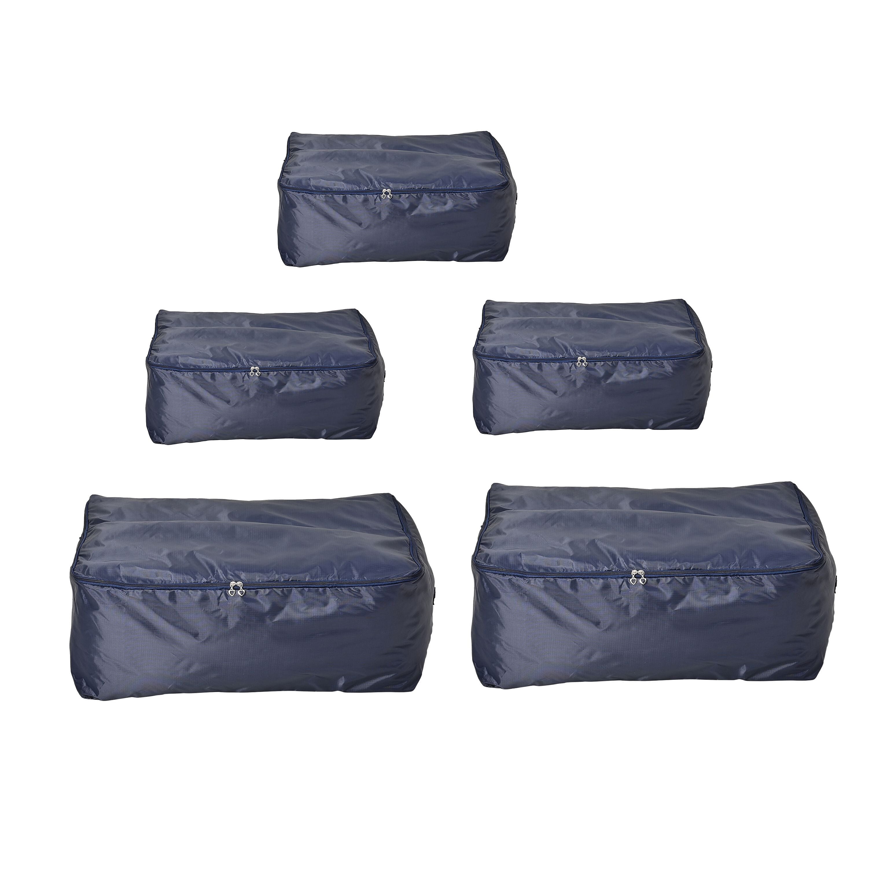 Closeout Deal - 5 Piece Set- Oxford Under Bed Storage Bags - Navy - Protect Clothes and Bedding From Dust and Damp, Solid 210D, 58x50x24cm