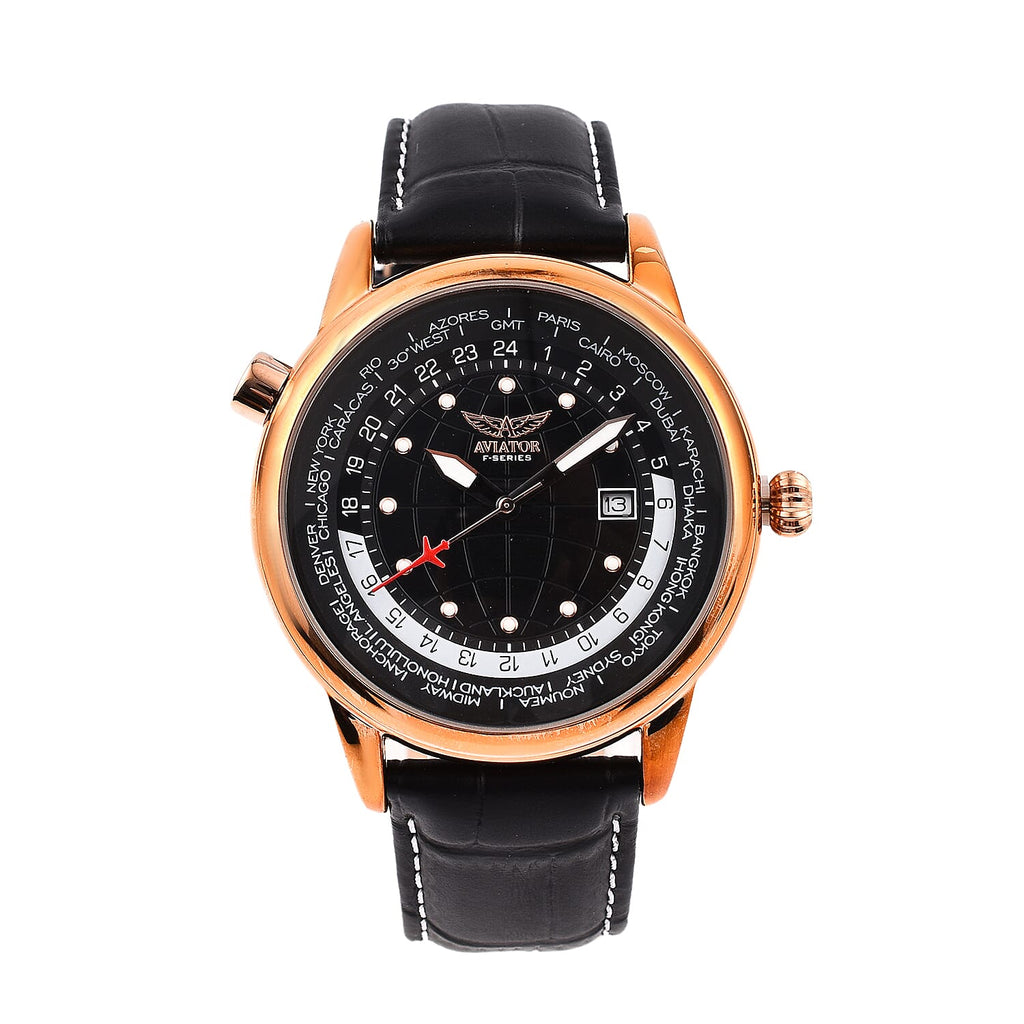 Closeout Deal - Aviator Mens Black Dial Watch with Black Leather Strap