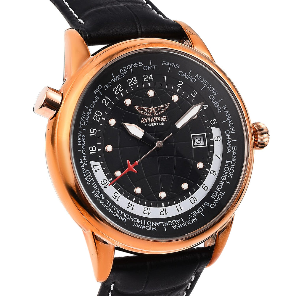 Closeout Deal - Aviator Mens Black Dial Watch with Black Leather Strap