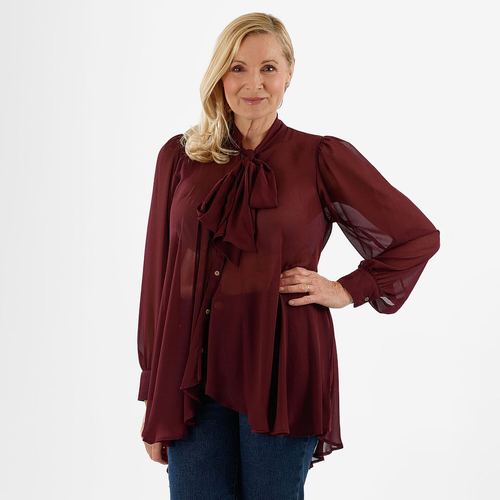 Closeout Deal- Marina Kaneva Bowtie Blouse (Size 10) - Chocolate