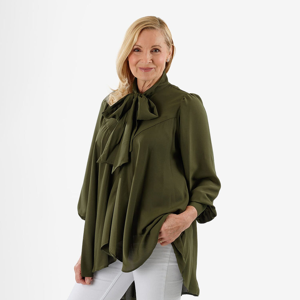 Closeout Deal- Marina Kaneva Bowtie Blouse (Size 20) - Khaki
