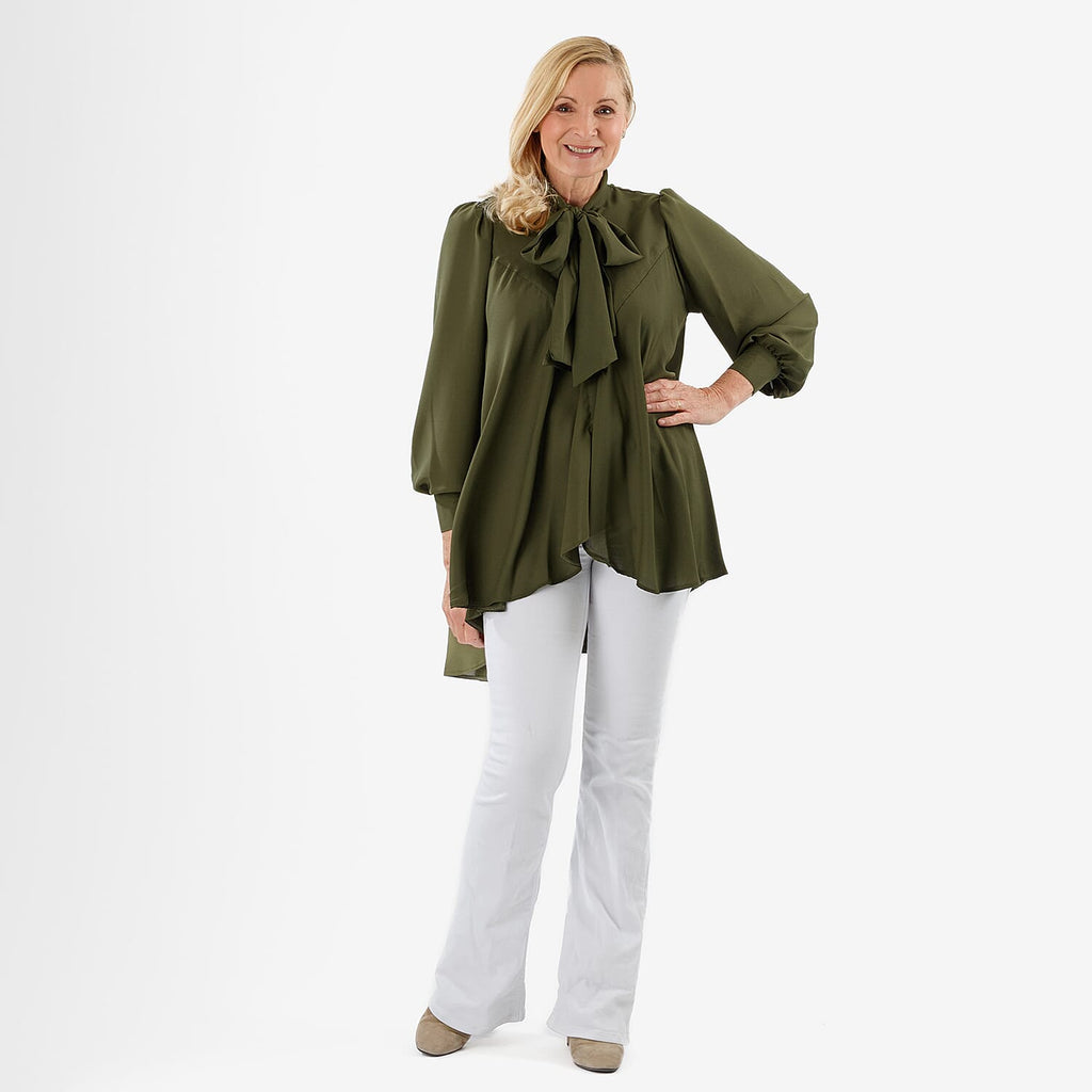 Closeout Deal- Marina Kaneva Bowtie Blouse (Size 20) - Khaki