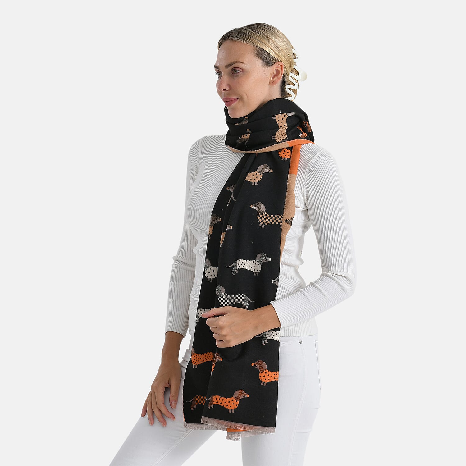 Closeout Deal- Dog Pattern Scarf (180 x 67 cm) - Black, White & Orange