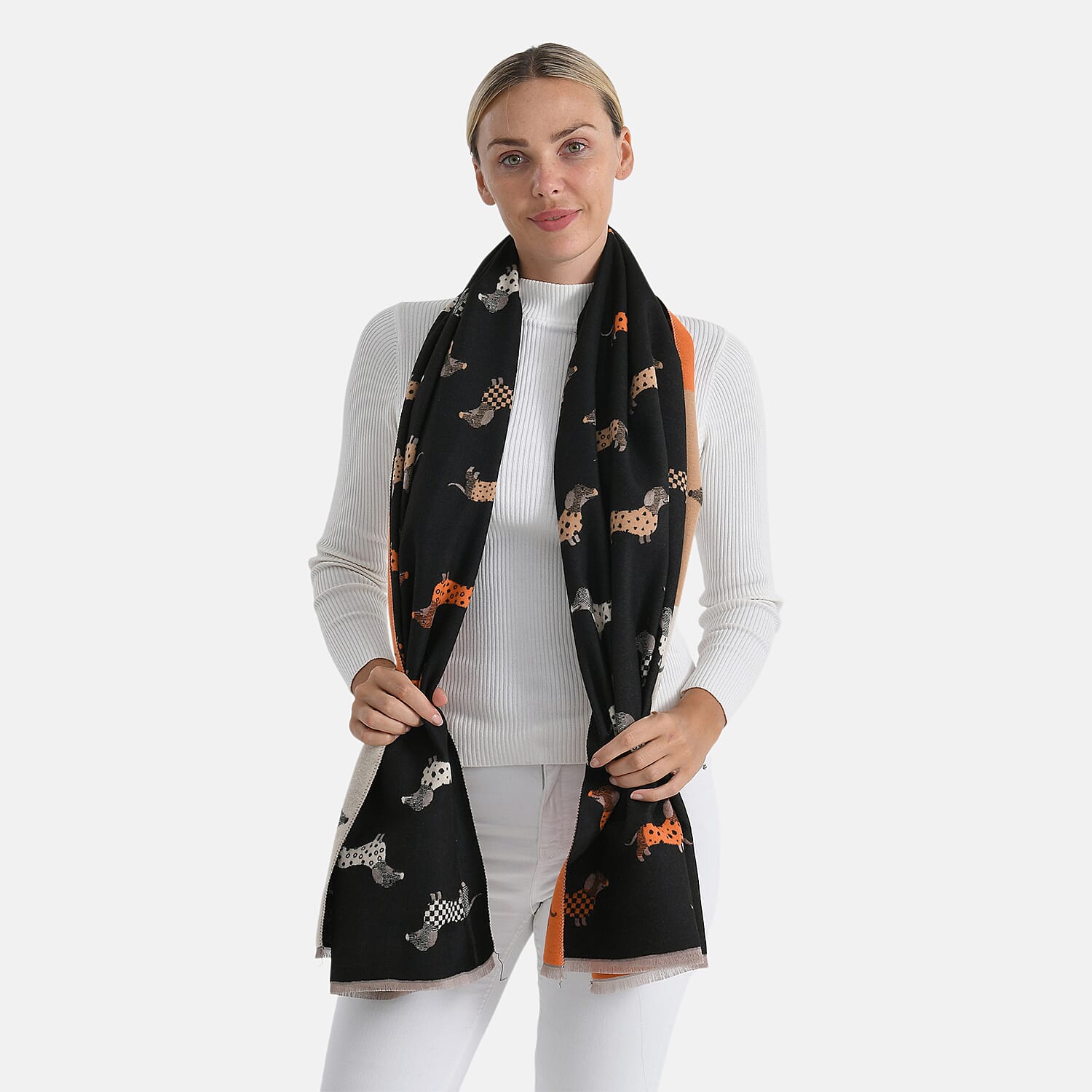 Closeout Deal- Dog Pattern Scarf (180 x 67 cm) - Black, White & Orange