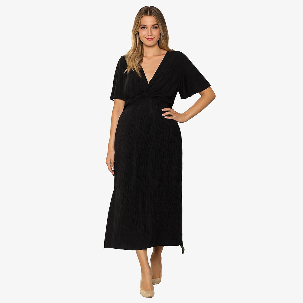 Closeout Deal- Emily Plisse Midi Dress With Angel Sleeves (Size 12) - Black