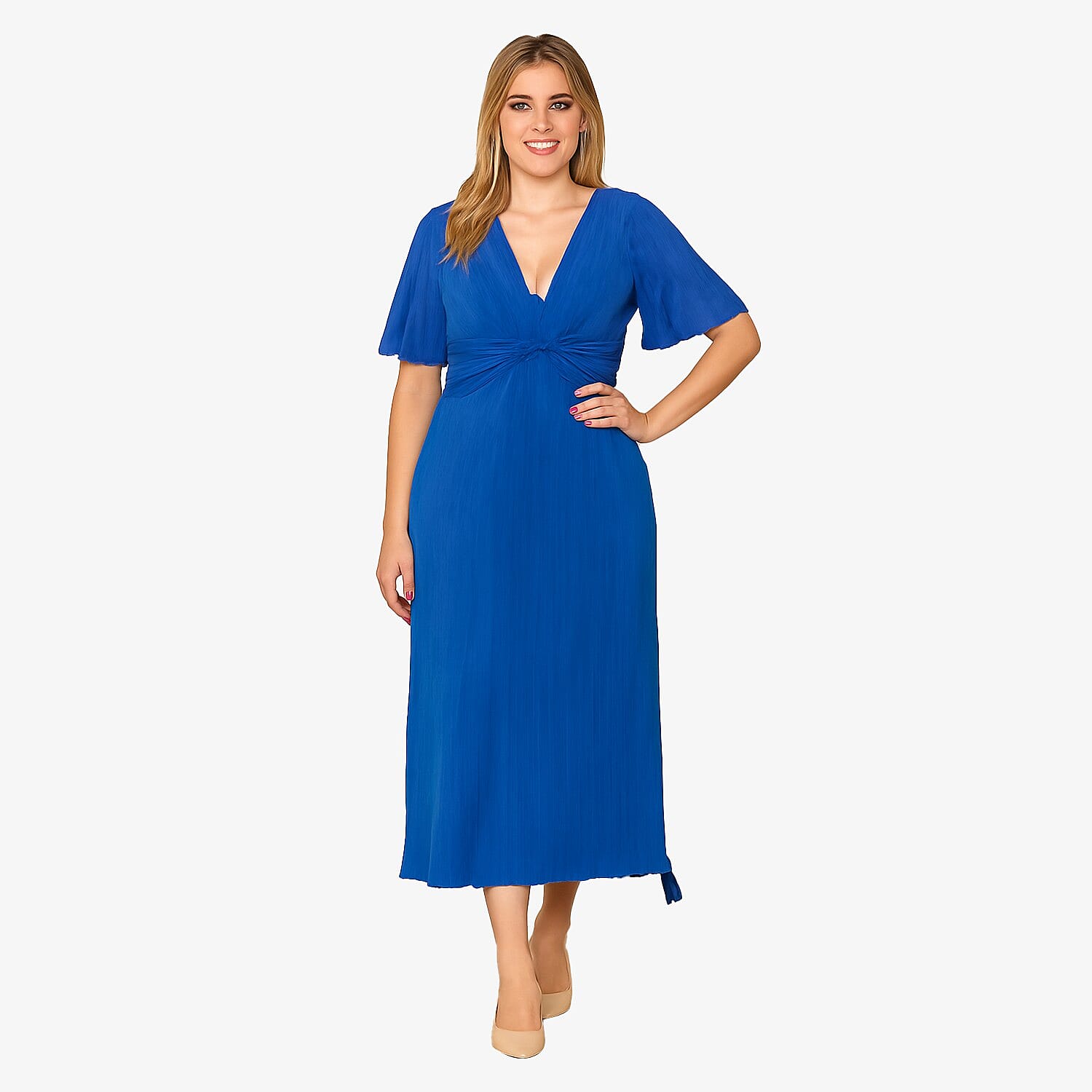 Closeout Deal- Emily Plisse Midi Dress With Angel Sleeves (Size 12) - Royal
