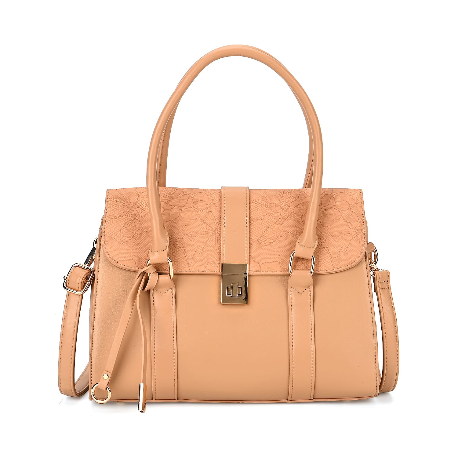 Leatherette Flower Pattern Crossbody Bag with Handle Drop - Apricot
