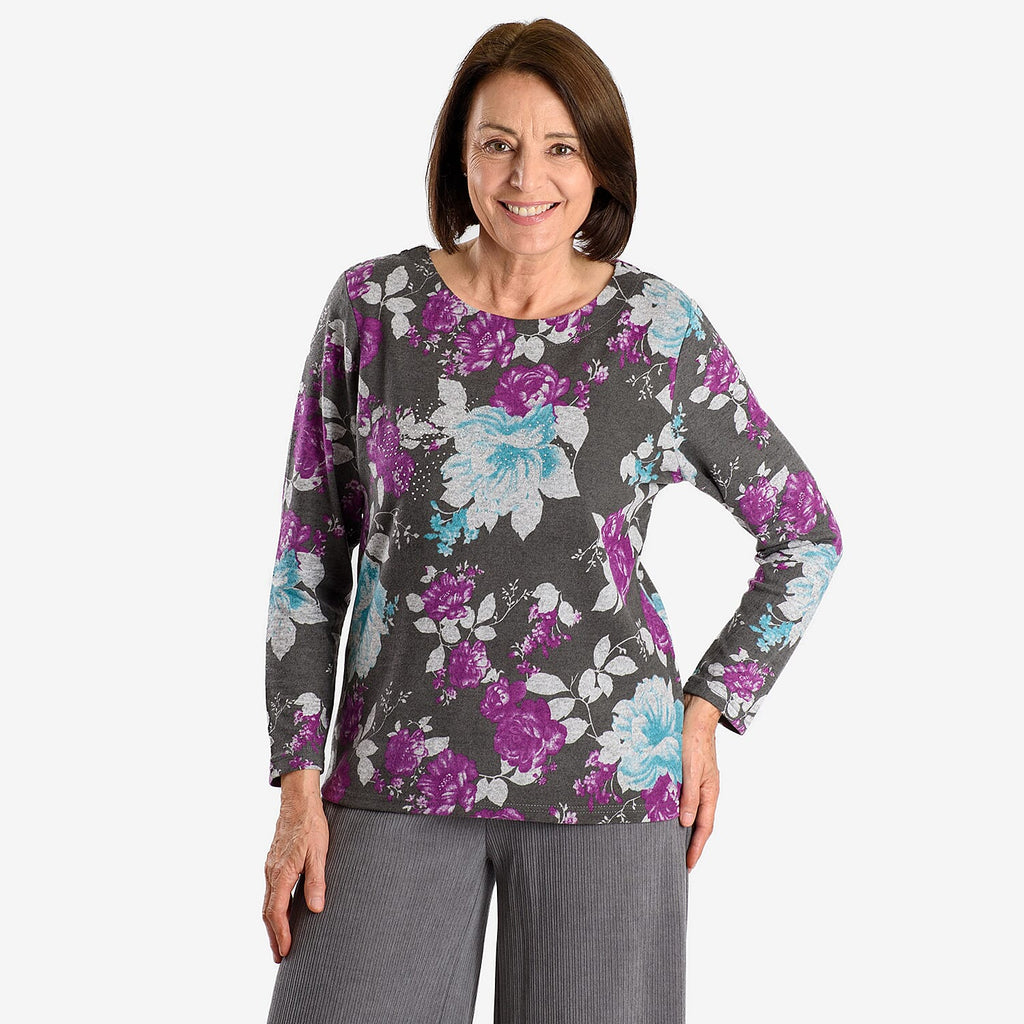 Closeout Deal Floral Pattern Long Sleeve Blouse (Size L) - Grey