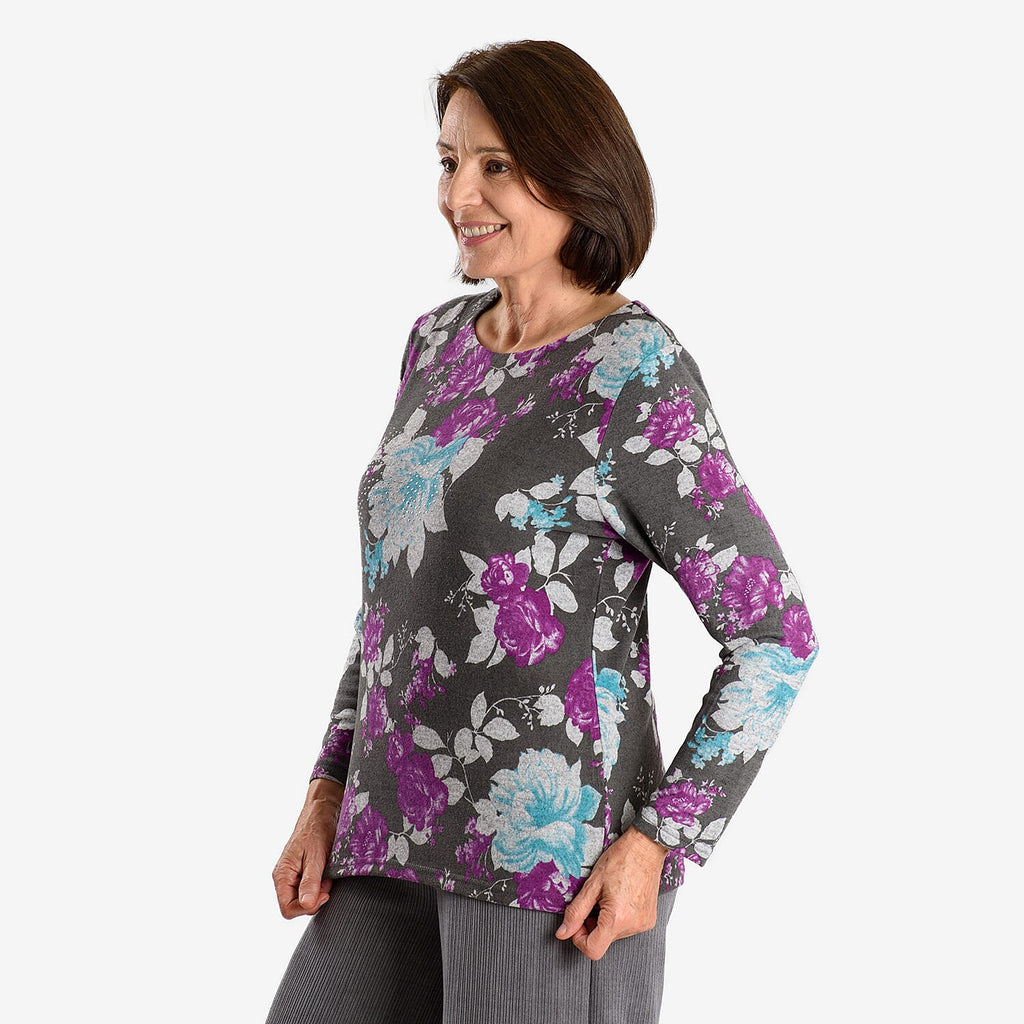 Closeout Deal Floral Pattern Long Sleeve Blouse (Size L) - Grey