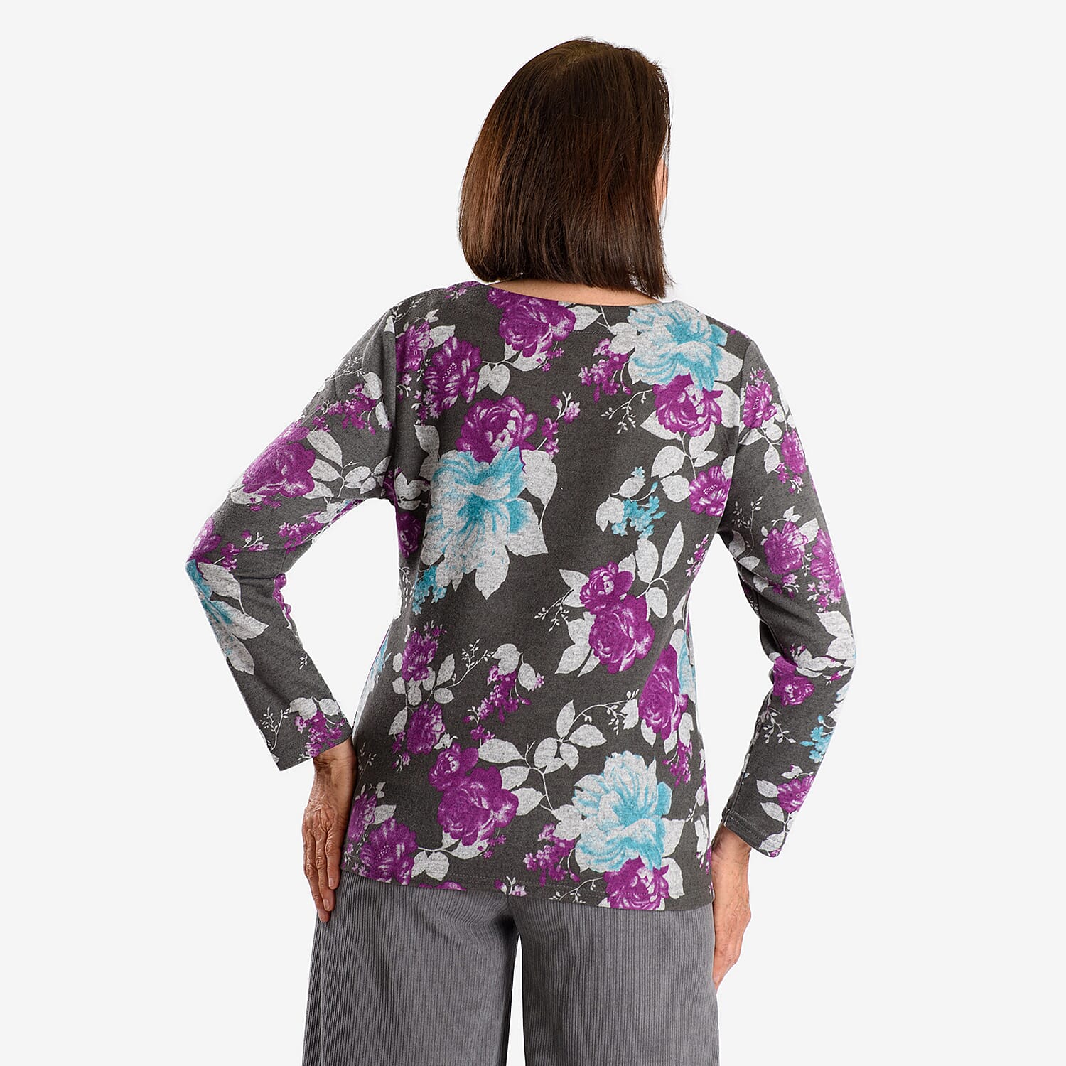 Closeout Deal Floral Pattern Long Sleeve Blouse (Size L) - Grey