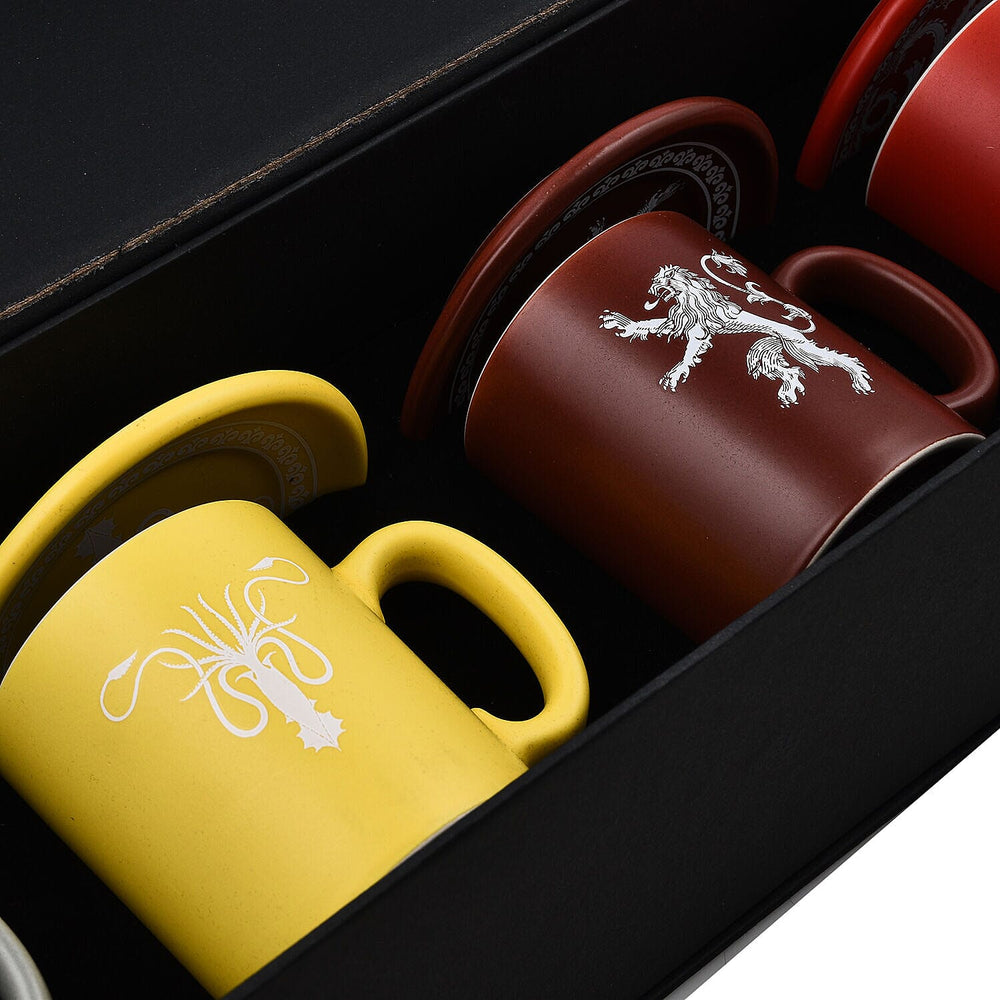Closeout Deal - Game of Thrones Emblem and Slogans Espresso Ceramic Mug Set - 4 Mugs and 4 Saucers - Multi Colour