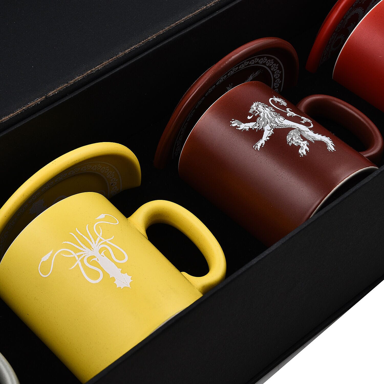 Closeout Deal - Game of Thrones Emblem and Slogans Espresso Ceramic Mug Set - 4 Mugs and 4 Saucers - Multi Colour